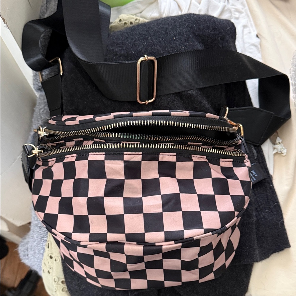 Tan and Black Checkered Crossbody Bag